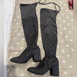 Over the knee faux suede grey heeled boots